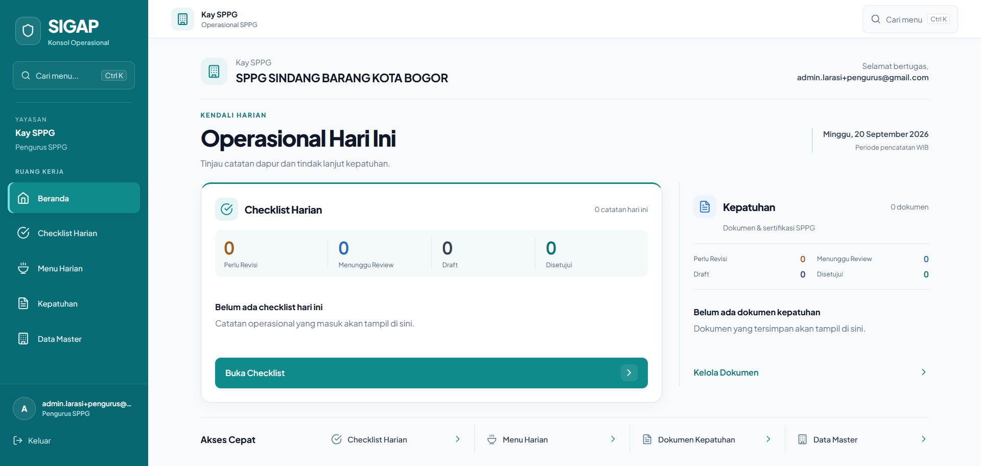 Tampilan dashboard SIGAP: ringkasan operasional harian SPPG dengan checklist harian dan dokumen kepatuhan